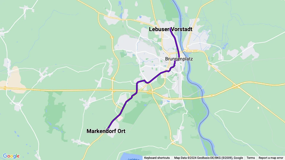 Frankfurt (Oder) tram line 4: Markendorf Ort - Lebuser Vorstadt route map