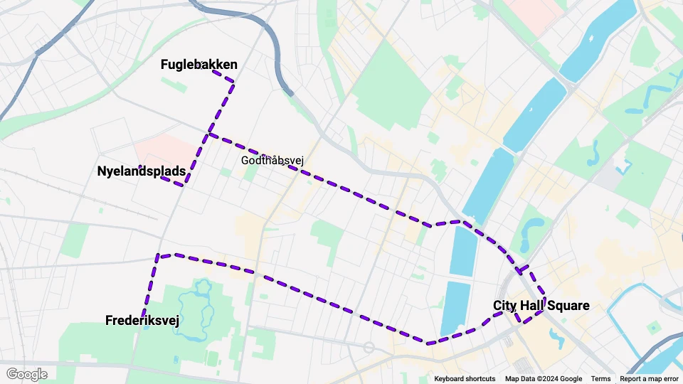 Frederiksberg Main line: Fuglebakken - Frederiksvej route map