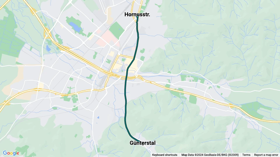 Freiburg im Breisgau museum line 2E: Hornusstr. - Günterstal route map