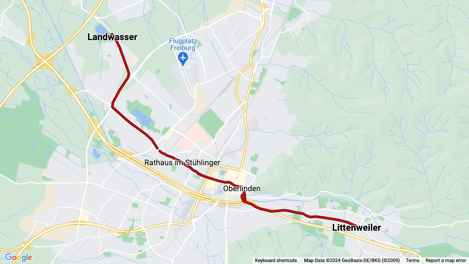 Freiburg im Breisgau tram line 1: Littenweiler - Landwasser route map