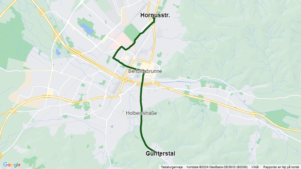 Freiburg im Breisgau tram line 2: Hornusstr. - Günterstal route map