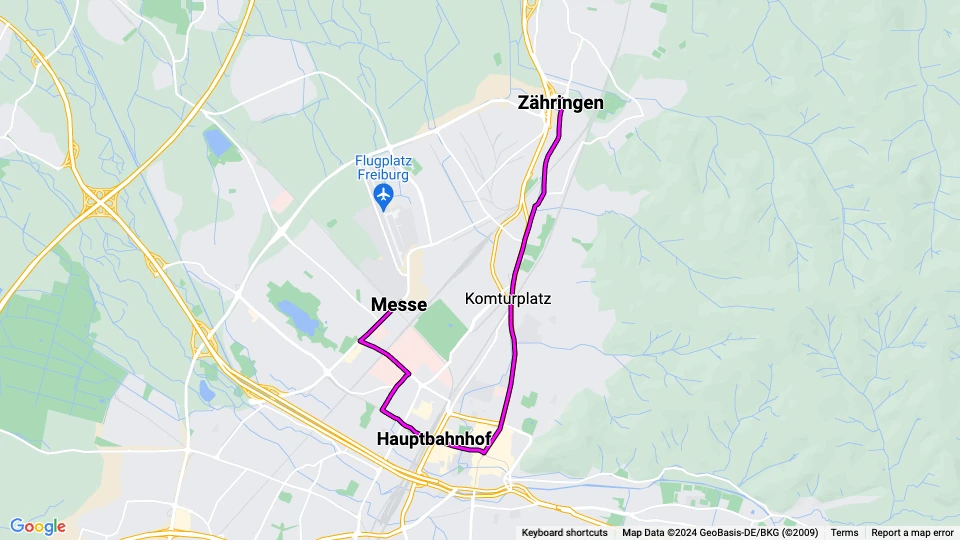 Freiburg im Breisgau tram line 4: Zähringen - Messe route map