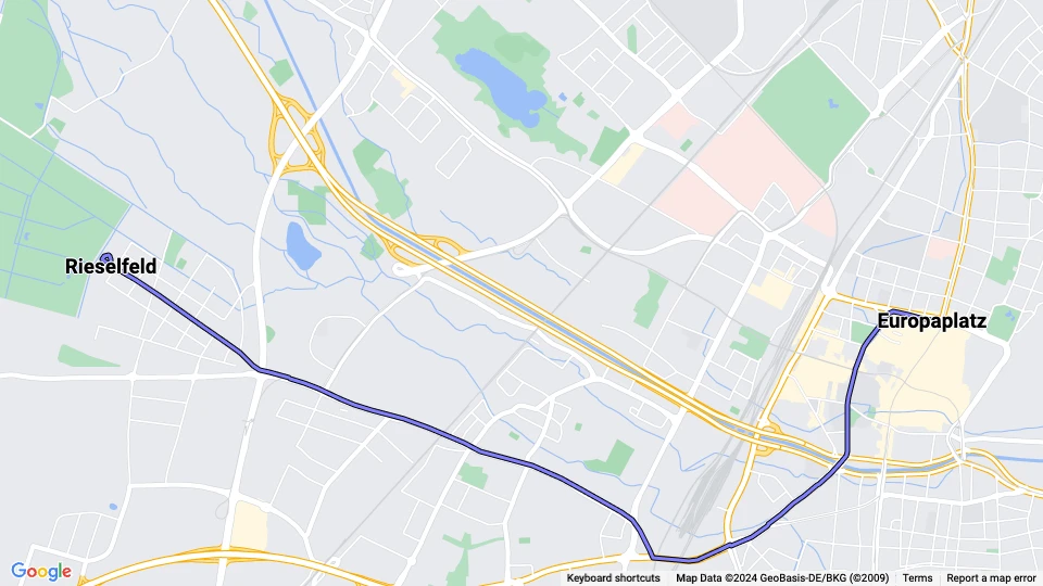 Freiburg im Breisgau tram line 5: Rieselfeld - Europaplatz route map