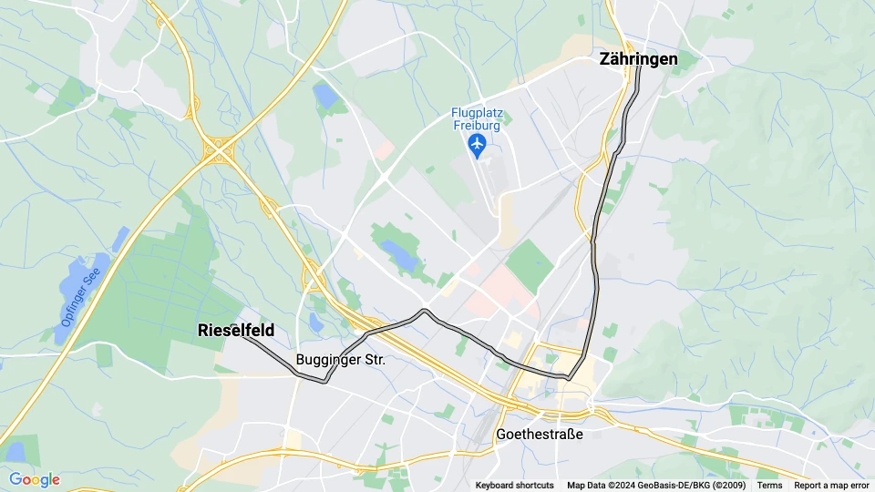 Freiburg im Breisgau tram line 6: Rieselfeld - Zähringen route map