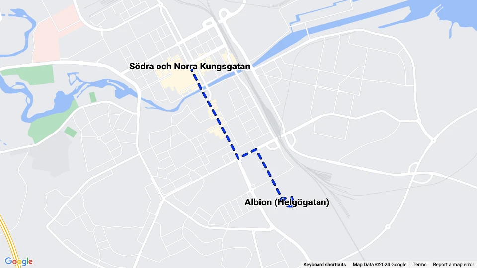 Gävle tram line Blue: Albion (Helgögatan) - Södra och Norra Kungsgatan route map