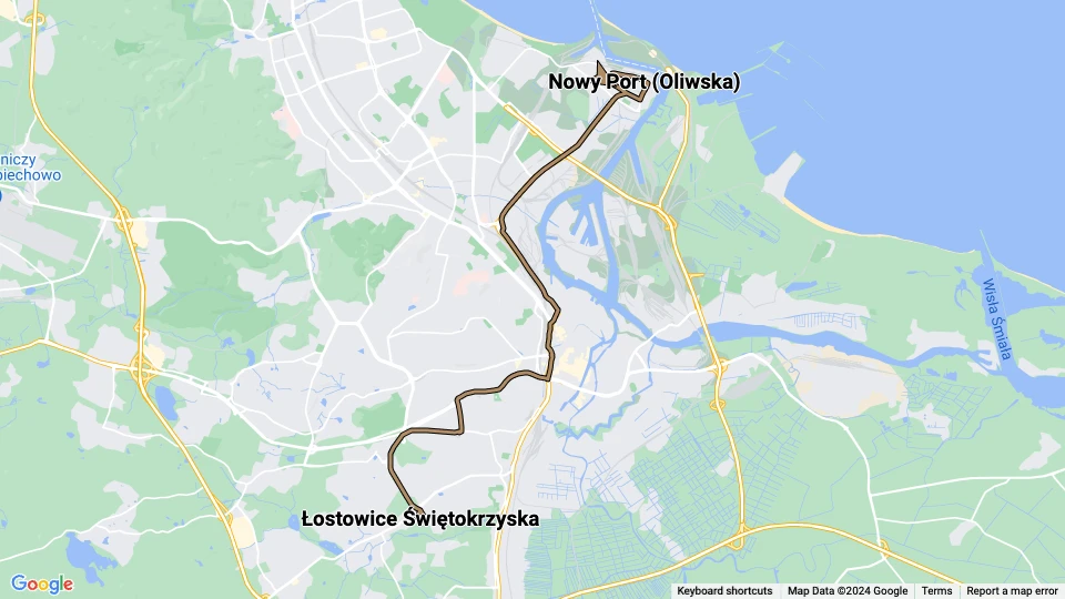 Gdańsk extra line 7: Łostowice Świętokrzyska - Nowy Port (Oliwska) route map