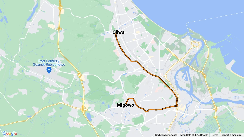 Gdańsk tram line 12: Oliwa - Migowo route map