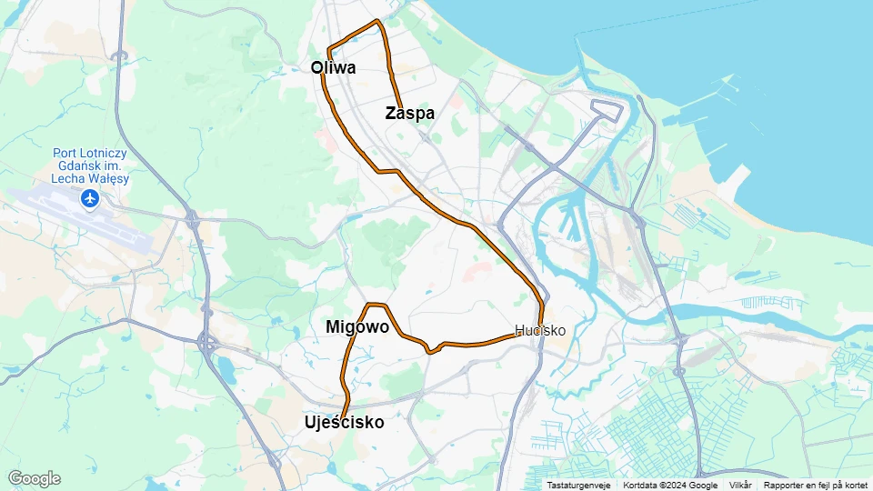 Gdańsk tram line 12: Zaspa - Ujeścisko route map