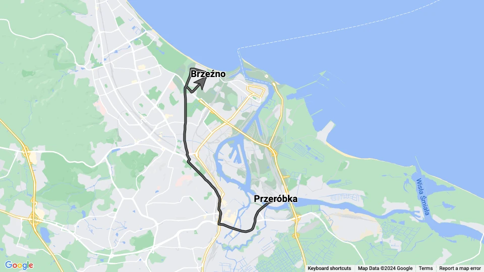 Gdańsk tram line 13: Brzeźno - Przeróbka route map