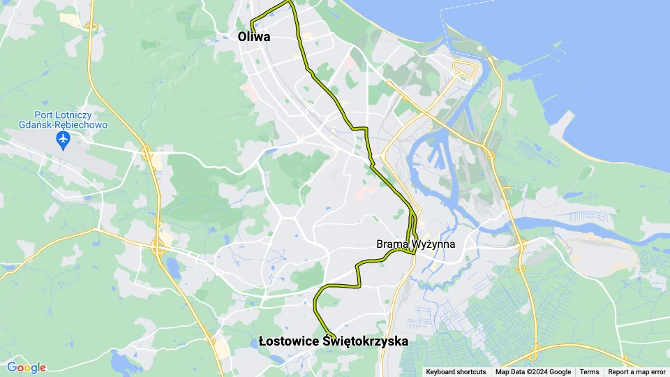 Gdańsk tram line 2: Oliwa - Łostowice Świętokrzyska route map