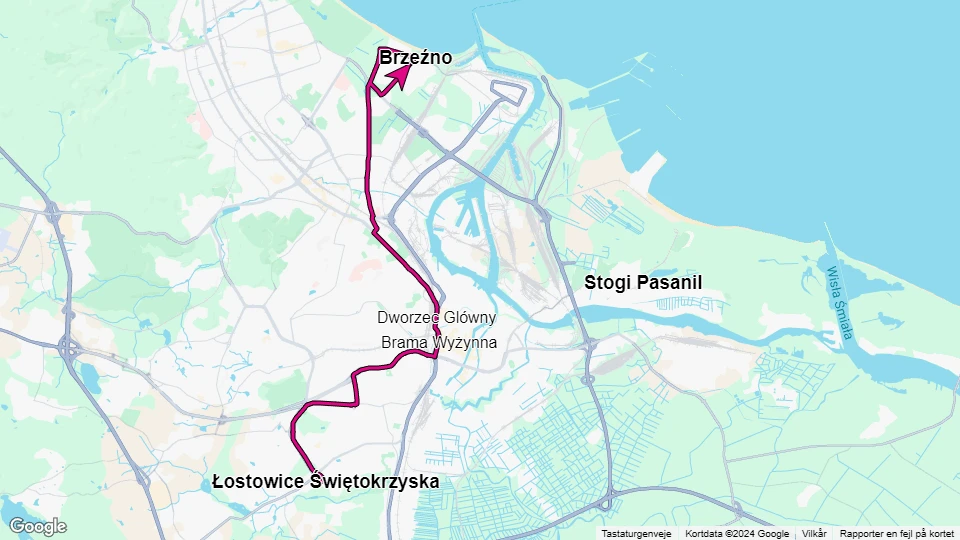 Gdańsk tram line 3: Łostowice Świętokrzyska - Brzeźno route map