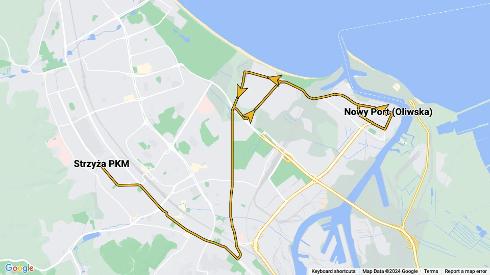 Gdańsk tram line 5: Strzyża PKM - Nowy Port (Oliwska) route map