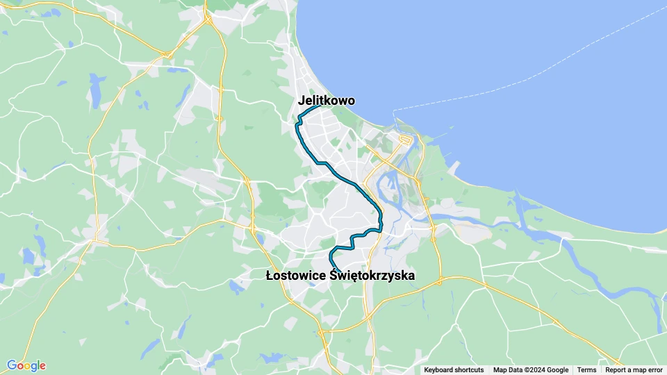 Gdańsk tram line 6: Łostowice Świętokrzyska - Jelitkowo route map