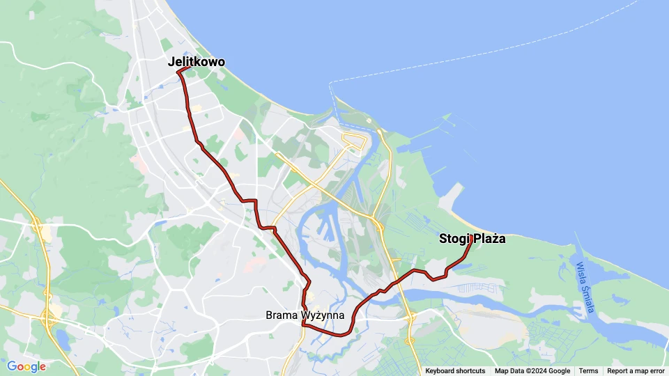Gdańsk tram line 8: Jelitkowo - Stogi Plaża route map