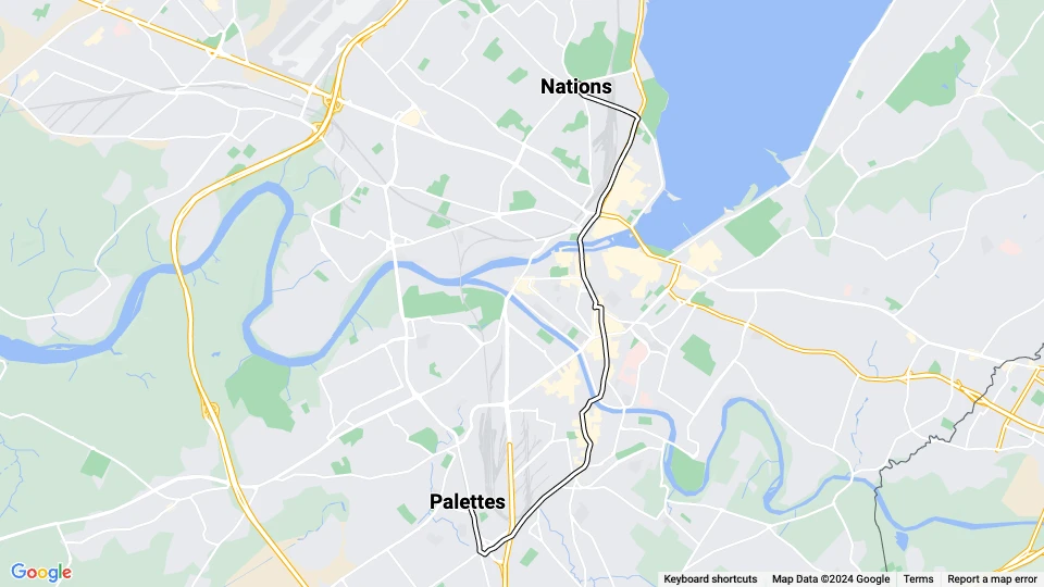 Geneva tram line 13: Palettes - Nations route map