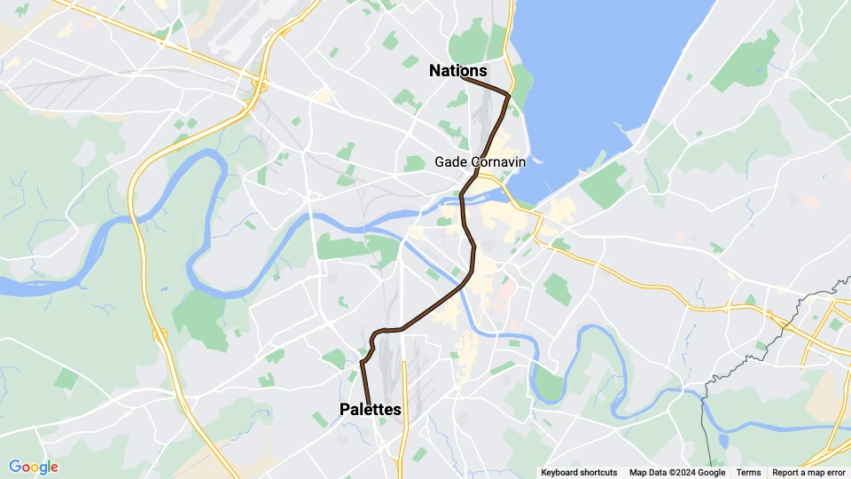 Geneva tram line 15: Palettes - Nations route map