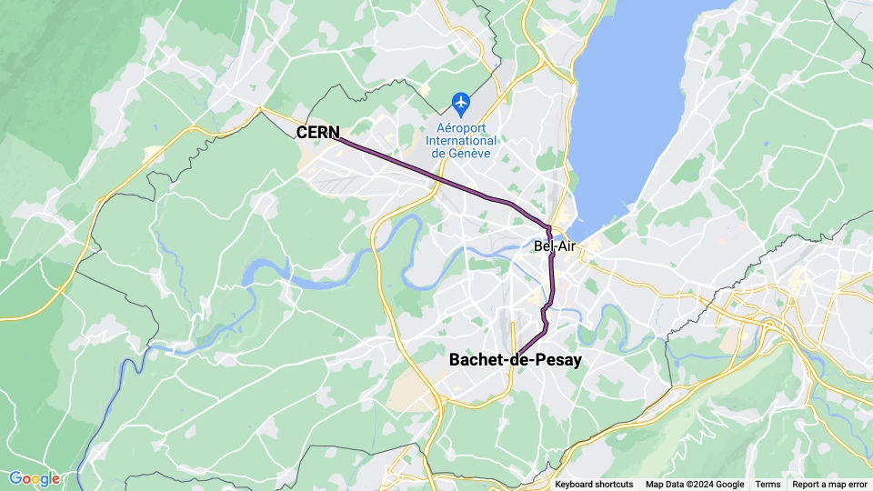Geneva tram line 18: Bachet-de-Pesay - CERN route map