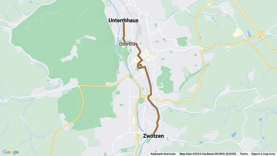 Gera tram line 1: Zwötzen - Untermhaus route map