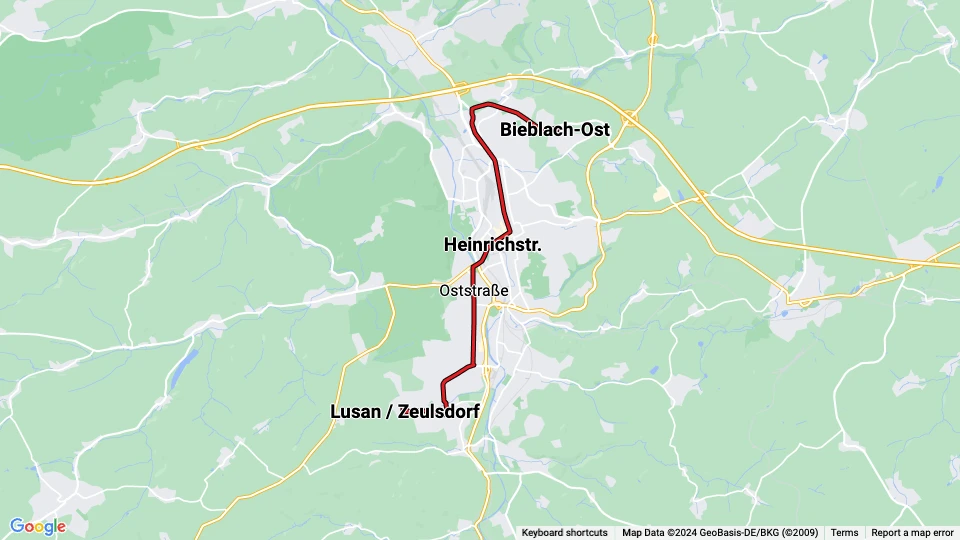 Gera tram line 3: Lusan / Zeulsdorf - Bieblach-Ost route map