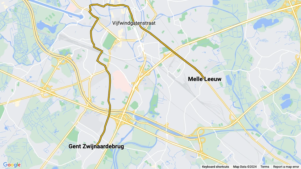 Ghent tram line 2: Melle Leeuw - Gent Zwijnaardebrug route map