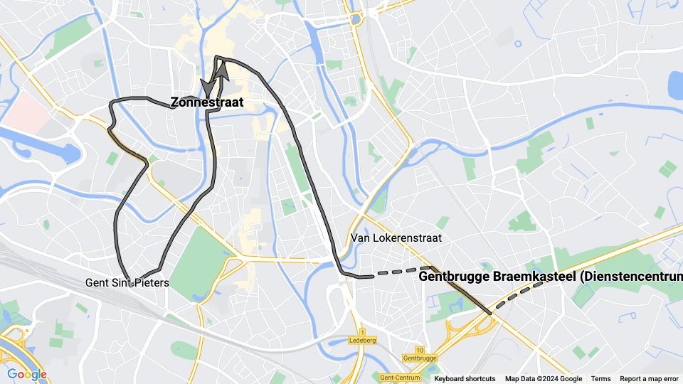 Ghent tram line 22: Zonnestraat - Gentbrugge Braemkasteel (Dienstencentrum) route map