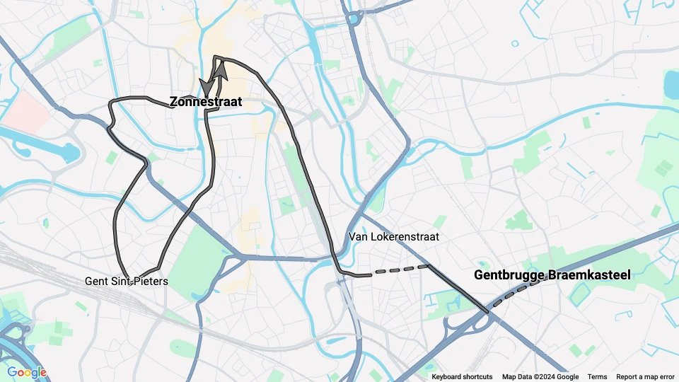 Ghent tram line 22: Zonnestraat - Gentbrugge Braemkasteel route map