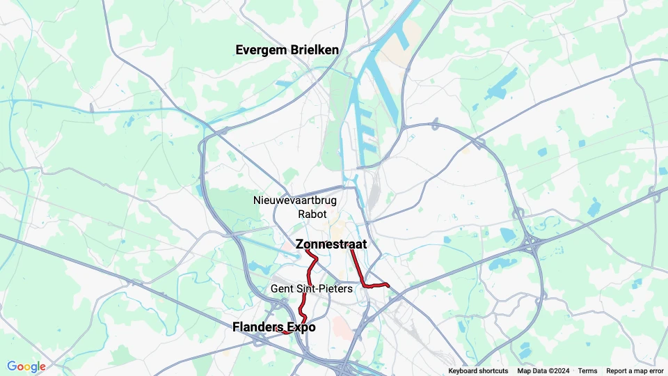 Ghent tram line T1: Flanders Expo - Gentbrugge Stelplaats route map