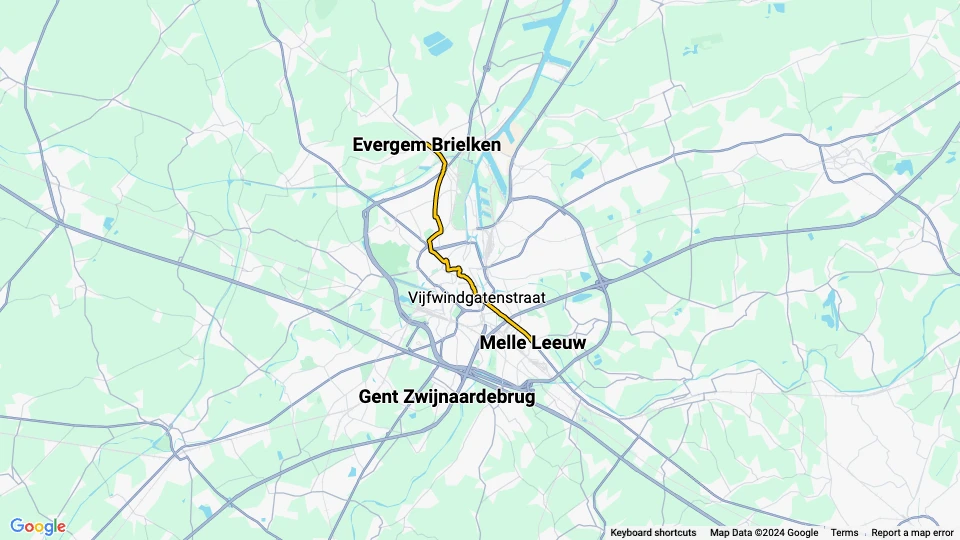 Ghent tram line T2: Melle Leeuw - Evergem Brielken route map