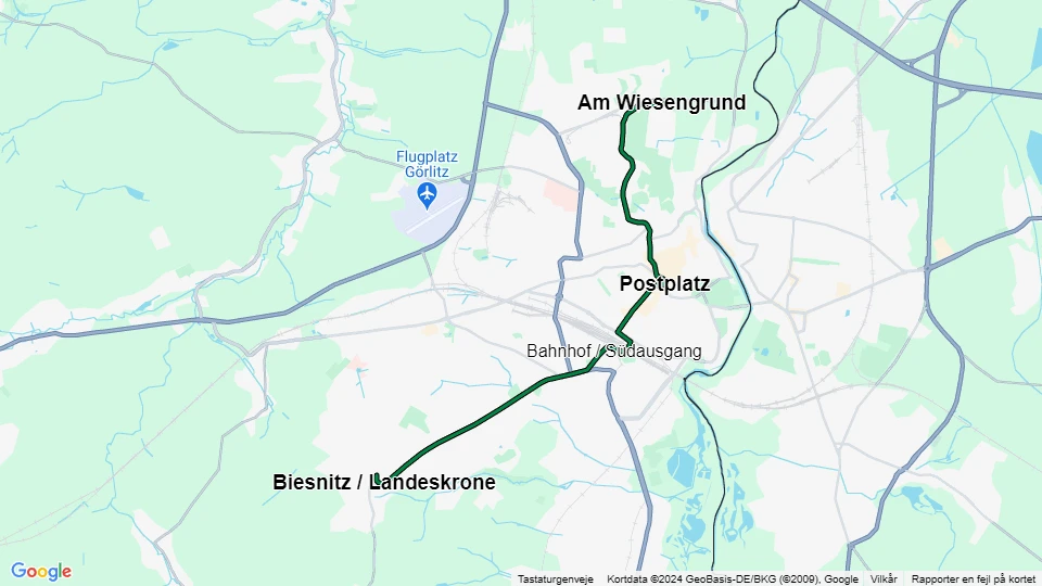 Görlitz tram line 2: Am Wiesengrund - Biesnitz / Landeskrone route map