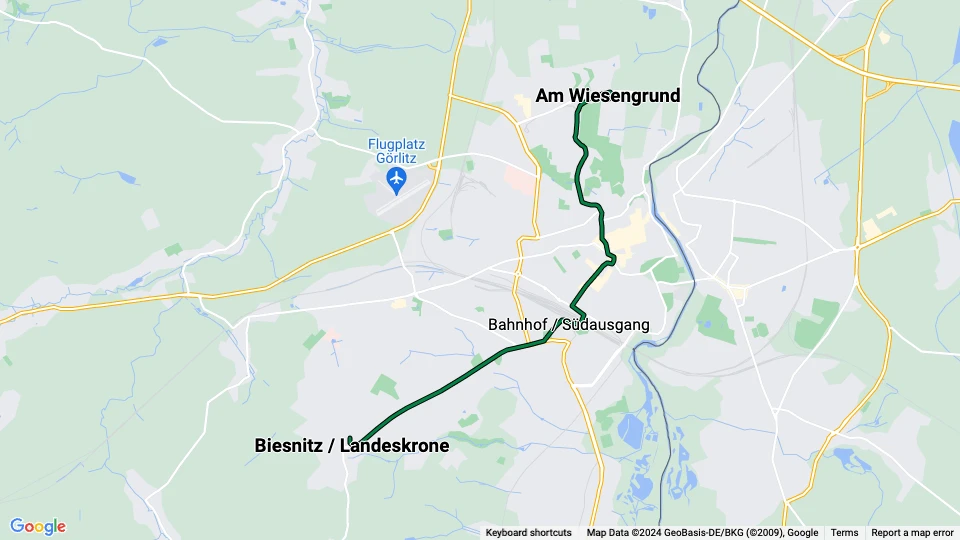 Görlitz tram line 2: Königshufen / Am Wiesengrund - Biesnitz / Landeskrone route map