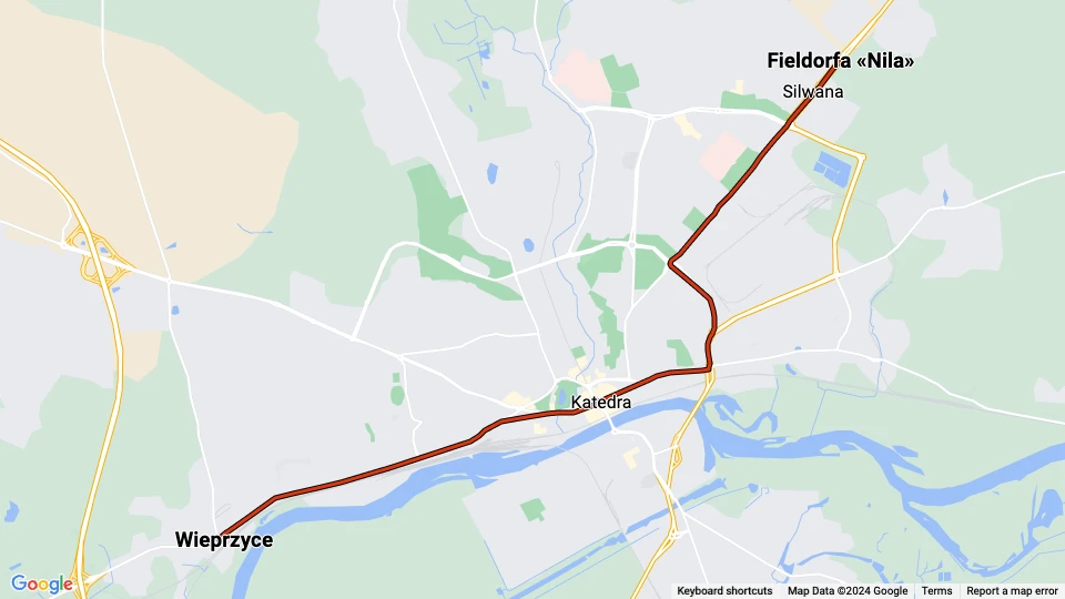 Gorzów Wielkopolski tram line 1: Wieprzyce - Fieldorfa «Nila» route map