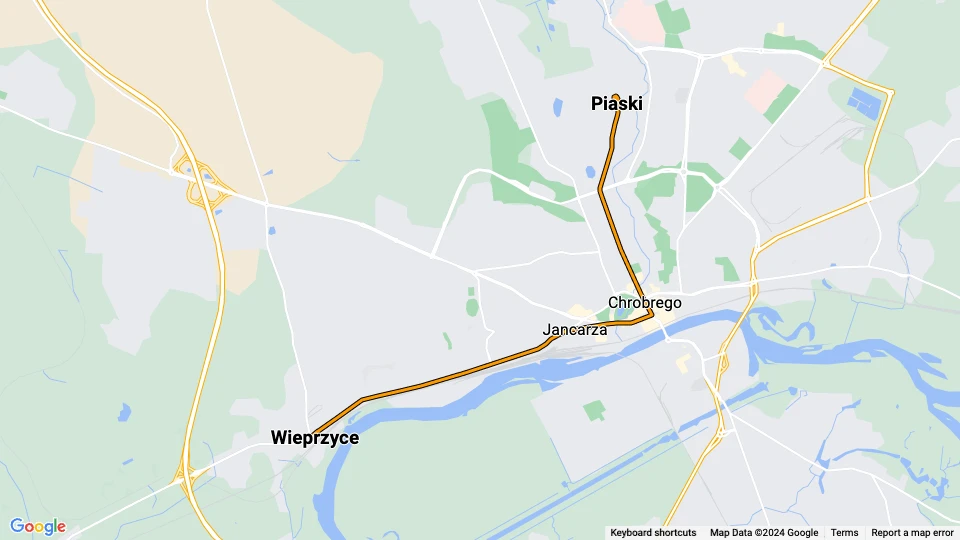 Gorzów Wielkopolski tram line 2: Wieprzyce - Piaski route map