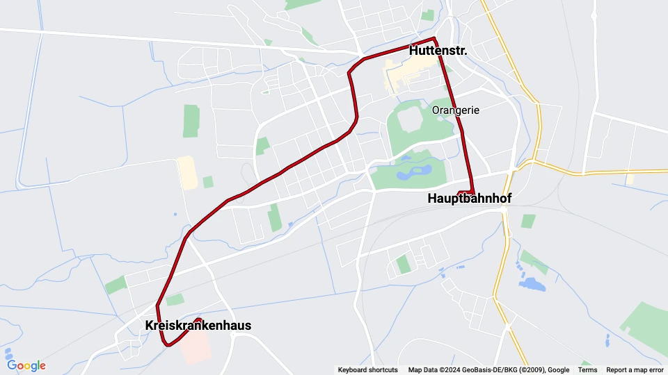 Gotha tram line 1: Hauptbahnhof - Kreiskrankenhaus route map