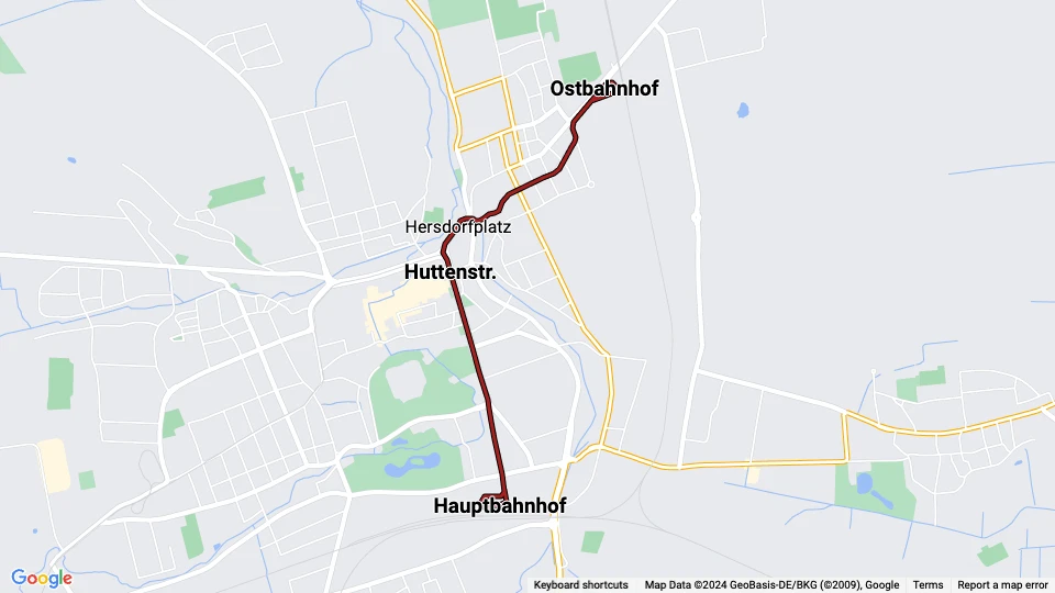 Gotha tram line 2: Hauptbahnhof - Ostbahnhof route map