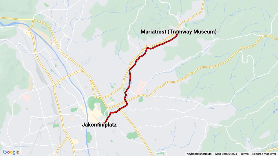 Graz Oldtimer-Straßenbahn: Jakominiplatz - Mariatrost (Tramway Museum) route map