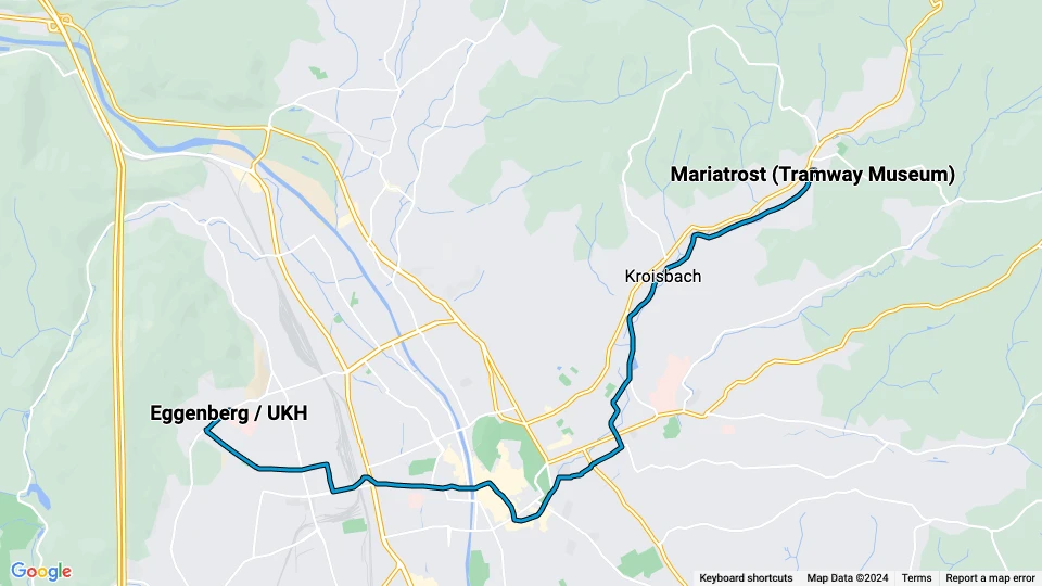 Graz tram line 1: Mariatrost (Tramway Museum) - Eggenberg / UKH route map