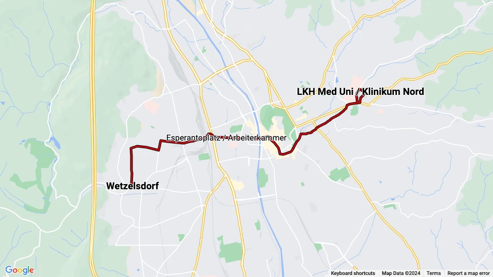 Graz tram line 7: Wetzelsdorf - LKH Med Uni / Klinikum Nord route map