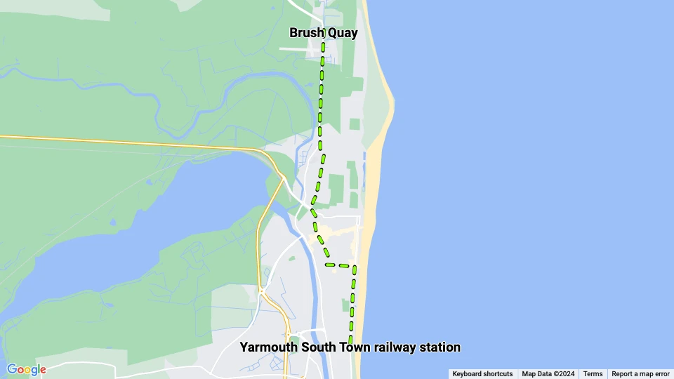 Great Yarmouth Tramways: Yarmouth South Town railway station - Brush Quay route map