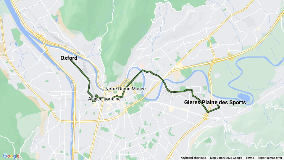 Grenoble tram line B: Oxford - Gieres Plaine des Sports route map
