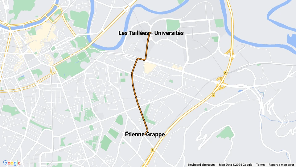 Grenoble tram line D: Les Taillées - Universités - Étienne Grappe route map