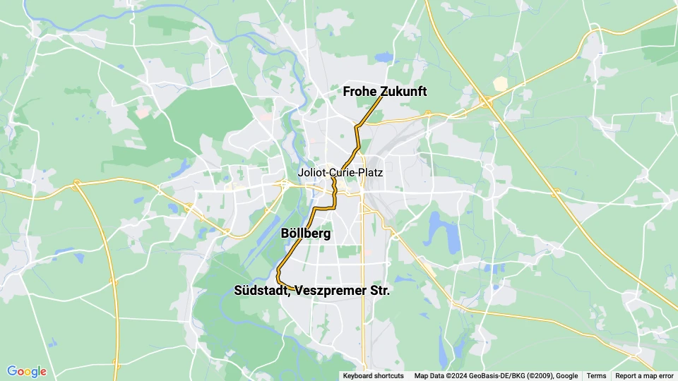 Halle (Saale) tram line 1: Frohe Zukunft - Südstadt, Veszpremer Str. route map
