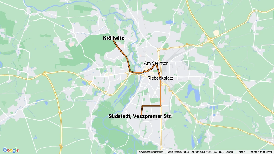 Halle (Saale) tram line 2: Südstadt, Veszpremer Str. - Kröllwitz route map