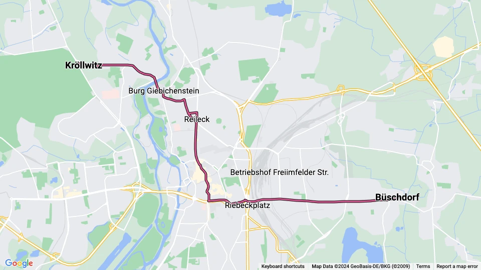 Halle (Saale) tram line 7: Kröllwitz - Büschdorf route map