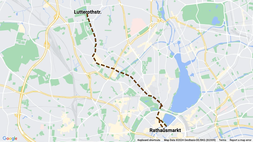 Hamburg tram line 16: Rathausmarkt - Lutterothstr. route map
