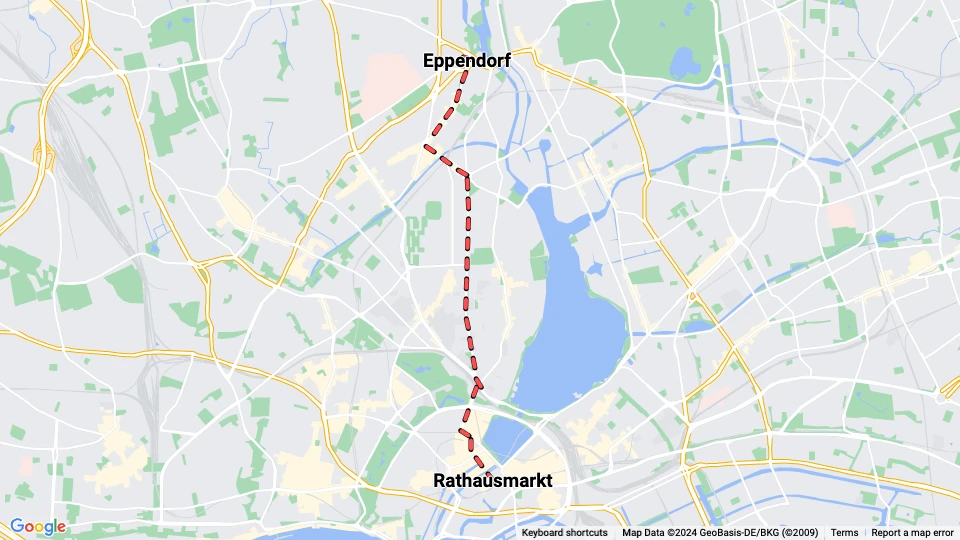 Hamburg tram line 18: Rathausmarkt - Eppendorf route map