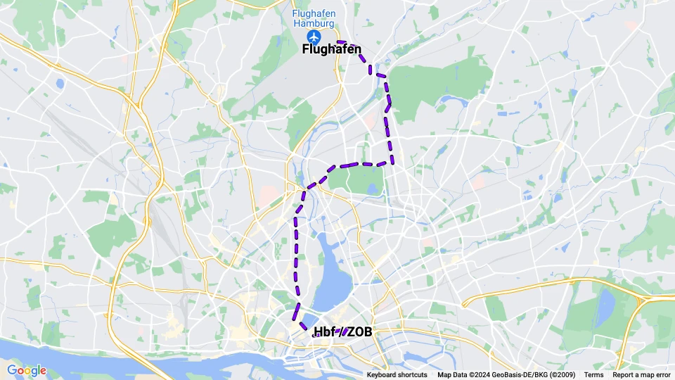 Hamburg tram line 9: Hbf / ZOB - Flughafen route map