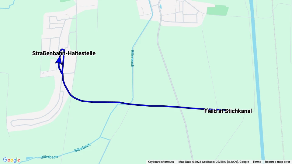 Hannover Aaßenstrecke: Straßenbahn-Haltestelle - Field at Stichkanal route map