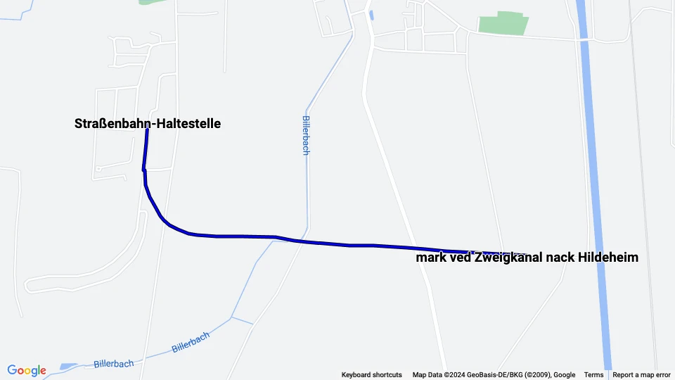 Hannover Aaßenstrecke: Straßenbahn-Haltestelle - mark ved Zweigkanal nack Hildeheim route map