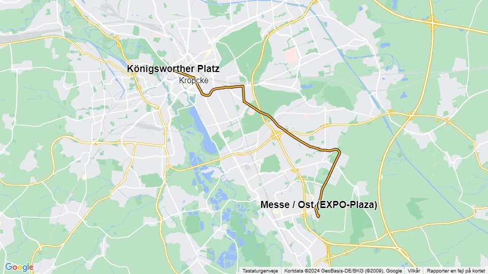 Hannover special event line E: Messe / Ost (EXPO-Plaza) - Königsworther Platz route map