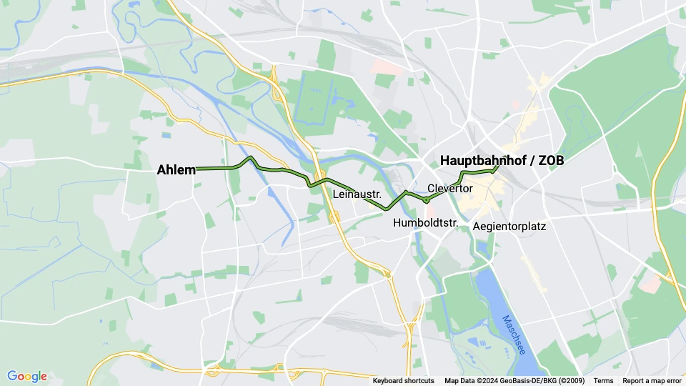 Hannover tram line 10: Ahlem - Hauptbahnhof / ZOB route map